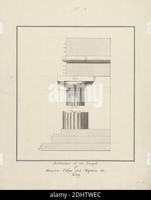 10 architettura del Tempio di Minerva Polias e Nettuno il Re, James Bruce, 1730–1794, inglese, non satinato, penna e inchiostro nero con lavaggio grigio su grafite su carta media, leggermente testurizzata, crema, foglio: 14 3/4 x 11 7/8 pollici (37.5 x 30.2 cm), soggetto architettonico, colonne (elementi architettonici), ordine dorico, entablature, templi, Paestum Foto Stock