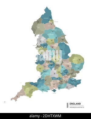 Inghilterra higt mappa dettagliata con suddivisioni. Mappa amministrativa dell'Inghilterra con il nome di distretti e città, colorata per stati e distretto amministrativo Illustrazione Vettoriale