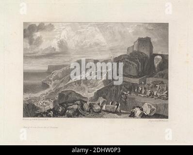 Castello di Bow and Arrow, Isola di Portland, William Bernard Cooke, 1778–1855, inglese, dopo Joseph Mallord William Turner, 1775–1851, inglese, 1814-1826, incisione e incisione, primo stato pubblicato su spessa, moderatamente testurizzata, crema, carta depresso, foglio: 11 5/16 × 17 3/8 pollici (28.7 × 44.1 cm), piatto: 9 1/8 × 12 1/8 pollici (23.2 × 30.8 cm) e immagine: 6 5/16 × 9 9/16 pollici (16 × 24.3 cm Foto Stock