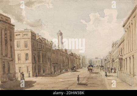 Regent Street, guardando verso Piccadilly da Waterloo Place, Thomas Shotter Boys, 1803–1874, inglese, non satinato, acquerello con penna e inchiostro marrone su grafite media, leggermente testurizzata, carta bianca in wove blu, foglio: 5 5/8 x 8 1/2 pollici (14.3 x 21.6 cm), edifici, carrozze, paesaggio urbano, genere soggetto, cavalli (animali), uomini, marciapiedi, strada, a piedi, donne, Inghilterra, Londra, Regno Unito, West End Foto Stock