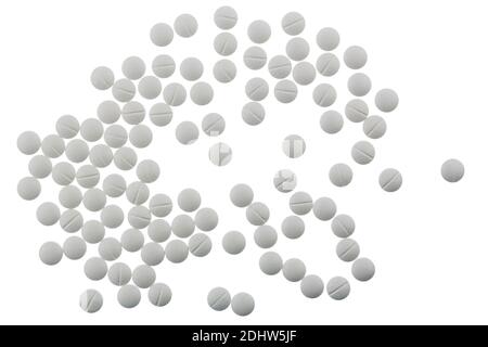 Verschiedene weisse Tabletten, Kosten, Geld, Gesundheitswesen, Krankenhasse, Medizin, Pillen, Foto Stock