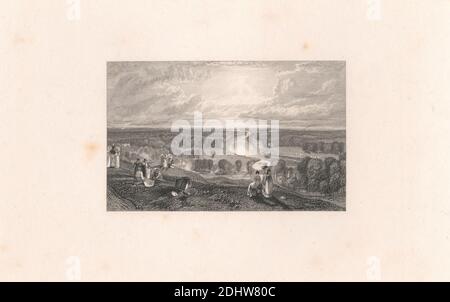 Richmond Hill, Edward Goodall, 1795–1870, British, After Joseph Mallord William Turner, 1775–1851, British, 1826-1832, incisione e incisione di linea, prova dell'incisore su carta di spessore moderato, leggermente testurizzata, crema, carta wove, con crema, Chine colle, foglio: 12 × 17 5/16 pollici (30.5 × 44 cm), piatto: 6 × 8 7/8 pollici (15.2 × 22.5 cm), collé Chine: 5 5/16 × 8 3/8 pollici (13.5 × 21.3 cm), e immagine: 2 13/16 × 4 7/16 pollici (7.1 × 11.3 cm Foto Stock