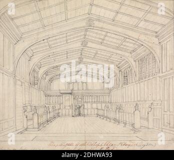 Cappella del Palazzo dell'arcivescovo, Croydon: Vista dall'estremità orientale, Augustus Welby Northmore Pugin, 1812–1852, inglese, Augustus Charles Pugin, 1762–1832, francese, 1827, grafite e penna e inchiostro rosso su carta in wove leggermente testurizzata, media, crema con un contrassegno, foglio: 8 7/8 × 10 1/2 pollici (22.5 × 26.7 cm), arcivescovo, soggetto architettonico, architettura, cappella, cresta, design, palazzo, persone, pews, Croydon, Inghilterra, Londra, Regno Unito Foto Stock