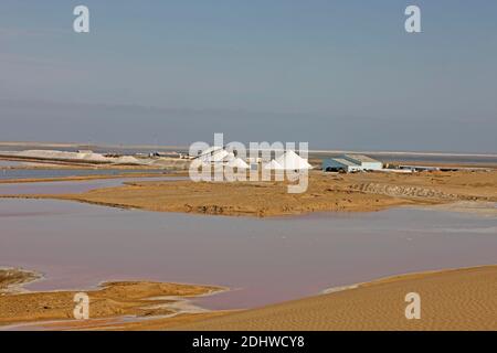 Produzione di sale, vista delle saline a Saline, vicino a Walvis Bay, Namibia Foto Stock
