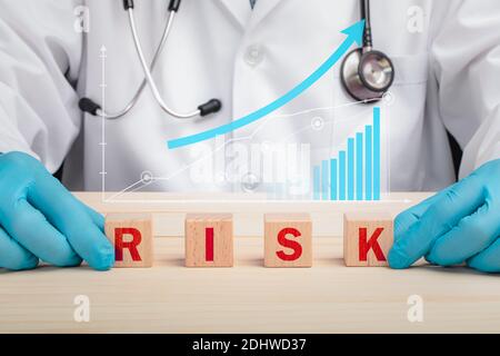 Un medico e una lettera di legno blocca il rischio di ortografia. Serie semitrasparenti di grafici e una freccia blu rappresenta i danni crescenti associati alla salute Foto Stock