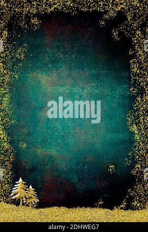 Biglietti d'auguri natalizi, disegno astratto a mano libera dell'abete con glitter dorato, sfondo verde scuro grunge con spazio copia, immagine verticale. Foto Stock