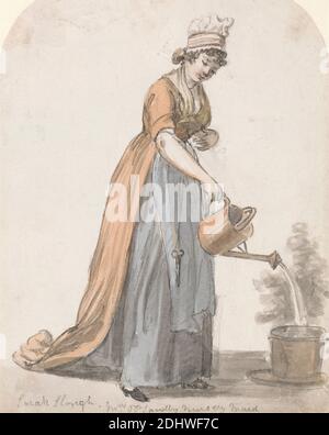 Sara Hough, Sig.ra T. P. Sandby's Nursery Maid, Paul Sandby RA, 1731–1809, British, ca. 1805, acquerello, penna e inchiostro marrone, grafite su carta di wove moderatamente spessa, bianca, moderatamente testurizzata, foglio: 5 5/8 x 4 3/8 pollici (14.3 x 11.1 cm), costume, ragazza, cameriera, infermiera, ritratto, destra, forbici, annaffiatoio lattine, donne Foto Stock