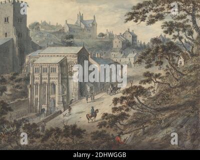 Il pozzo di St. Winifred, Holywell, Flintshire, Galles con l'artista in primo piano..., attribuito a Edward Edwards, 1738–1806, britannico, non satinato, acquerello, gouache, penna, inchiostro e grafite su carta media, leggermente testurizzata, carta di wove color crema, foglio: 8 3/4 × 11 7/8 pollici (22.2 × 30.2 cm), soggetto architettonico, artista, artista, cappella, cavalli (animali), luoghi di pellegrinaggio, autoritratto, schizzo, alberi, pozzo (componente contenitore), Europa, Flintshire, Holywell, St Winefride's Well, Regno Unito, Galles Foto Stock