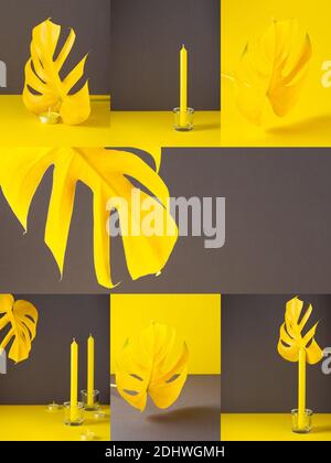 Collage fotografico, foglia gialla di monstera su sfondo grigio-giallo, candele in candelabri, colori di tendenza dell'anno Foto Stock