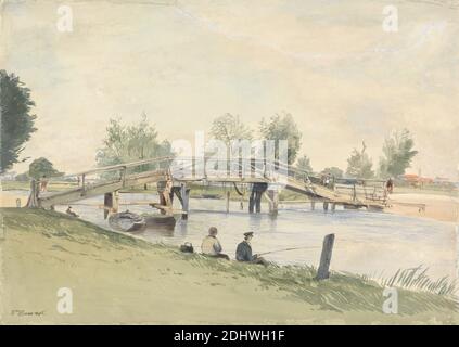 Un ponte rustico sul Tamigi, Anglers on the River Bank, William Evans of Eton, 1798–1877, British, 1845, acquerello e inchiostro su carta spessa e leggermente testurizzata color crema, foglio: 10 1/4 × 14 3/8 pollici (26 × 36.5 cm), soggetto architettonico, ponte (opera costruita), pesca, paesaggio, fiume, riva del fiume, alberi, Inghilterra, Europa, Tamigi, Regno Unito Foto Stock