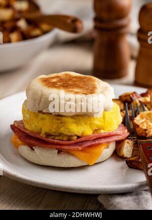 Sandwich per la colazione su un muffin inglese fatto con uova, prosciutto e formaggio con patate fritte su un piatto Foto Stock