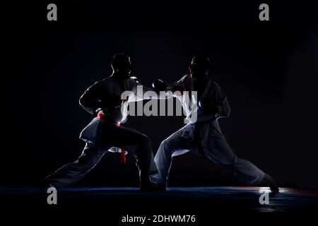 Giovane uomo che pratica il suo karate si muove, kimono bianco e cintura rossa Foto Stock