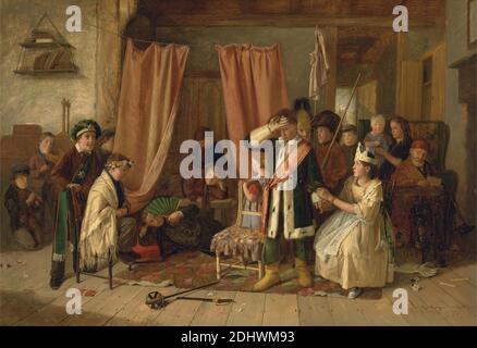 I bambini che recitano la "scena del gioco" da "Hamlet", atto II, scena II, Charles Hunt, 1803–1877, inglese, 1863, Oil on Canvas, Support (PTG): 18 x 26 pollici (45.7 x 66 cm), attori, pubblico, bottiglia, ragazzi, sedie, bambini, costume, tende, flauto, giochi, gesto, ragazze, guanto, guardie (sicurezza), Hamlet, gioco di William Shakespeare, interno, re (persona), tema letterario, amanti, uomo, musica, strumenti musicali, osservatori, genitori, giocare, regina (persona), teatro (disciplina), giocattoli, violino, donna Foto Stock