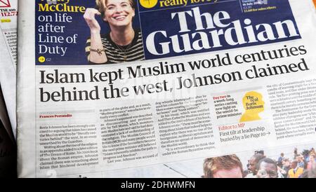 "L'Islam ha tenuto il mondo musulmano secoli dietro l'ovest, Johnson ha dichiarato" Guardian prima pagina giornale in Londra Inghilterra UK 16 luglio 2019 Foto Stock