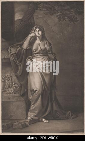 Yates as 'Melancholy' in 'il Penseroso', Stampa fatta da Robert Dunkarton, 1744–1811, British, After George Romney, 1734–1802, British, 1771, Mezzotint su carta media, moderatamente testurizzata, crema, foglio: 24 1/2 × 15 1/2 pollici (62.2 × 39.4 cm), piatto: 24 × 15 pollici (61 × 38.1 cm), immagine: 24 × 15 pollici (61 × 38.1 cm Foto Stock