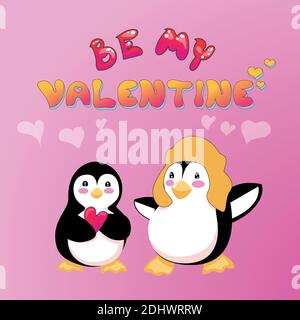 Be My Valentine Card with Penguin Couple Illustrazione Vettoriale