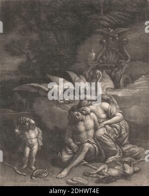 Adonis muore nelle braccia di Venere, Stampa di Wallerant Vaillant, 1623–1677, olandese, dopo Erasmus Quellinus, 1607–1678, fiammingo, non saturato, Mezzotint su moderatamente spesso, moderatamente testurizzato, crema, carta deformata, foglio: 15 1/16 × 12 3/16 pollici (38.3 × 31 cm), cinghiale, arco, carro, nuvole, morte, morte di Adonis: è ucciso da un cinghiale, cane, dea, dolore, corno, soggetto religioso e mitologico, cigni, alberi Foto Stock