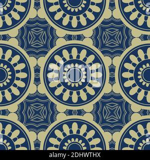 Modello vettoriale stretto senza giunture etniche. Mandala blu e oro. Può essere utilizzato per la progettazione di tessuti, coperture, sfondi, piastrelle. Illustrazione Vettoriale
