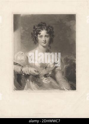 Miss Croker, Stampa realizzata da Samuel Cousins, 1801–1887, inglese, dopo Sir Thomas Lawrence, 1769–1830, inglese, pubblicato da M. Colnaghi, fondata nel 1760, circa 1785–1911, italiano, attivo in Gran Bretagna, 1828, Mezzotint, incisione di linee e impresso su carta di wove crema di spessore moderato, leggermente testurizzata, foglio: 16 1/2 x 12 3/4 pollici (41.9 x 32.4 cm), piatto: 13 13/16 x 10 3/8 pollici (35.1 x 26.4 cm) e immagine: 9 7/16 x 7 13/16 pollici (24 x 19.9 cm), bracciale (gioielli), spilla, costume, ricci, abito, abito, gioielli, lente d'ingrandimento, monocolo, collana, nobiltà, perle, ritratto Foto Stock