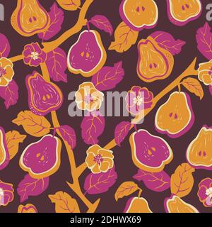 Modello vettoriale senza giunture di pero in fiore. Pere mature sui rami in fiore. Design naturale colorato per i vestiti. Illustrazione Vettoriale