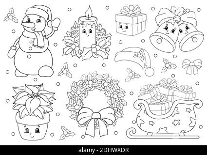 Libro da colorare per bambini. Buon tema di Natale. Personaggi allegri. Illustrazione vettoriale. Carino stile cartoon. Profilo a contorno nero. Isolato su WI Illustrazione Vettoriale