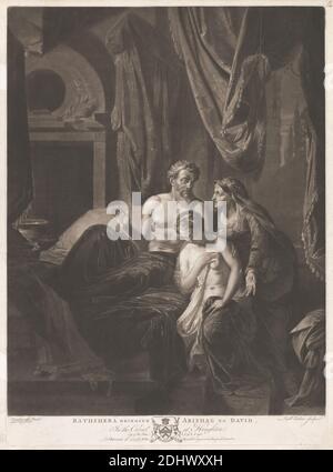 Bathsheba portare Abishag a David, Stampa fatta da Richard Earlom, 1743–1822, inglese, dopo Adriaan van der Werff, 1659–1722, olandese, 1779, Mezzotint e incisione su carta media, leggermente testurizzata, crema, foglio: 25 5/8 × 19 3/8 pollici (65.1 × 49.2 cm), piatto: 24 7/8 × 18 1/8 pollici (63.2 × 46 cm), e immagine: 23 1/8 × 18 pollici (58.7 × 45.7 cm), letto, baldacchino, custode, cristianesimo, conversazione, anziani, influenza, giudaismo, Antico Testamento, potere, soggetto religioso e mitologico, vergine, moglie Foto Stock