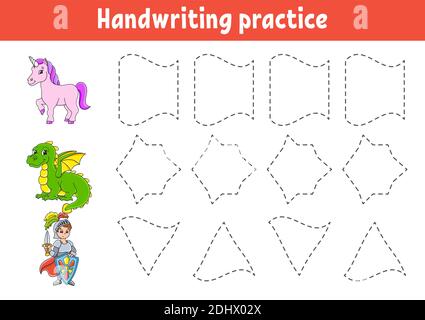 Calligrafia pactice. Foglio di lavoro per lo sviluppo dell'istruzione. Pagina attività. Gioco a colori per bambini. Illustrazione vettoriale isolata. Personaggio cartoon. Illustrazione Vettoriale