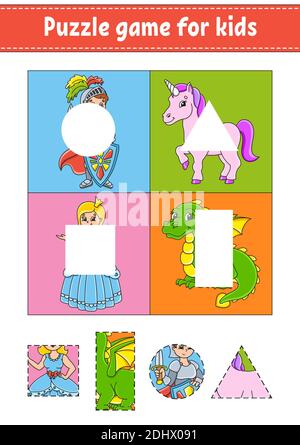 Gioco di puzzle per bambini. Taglia e incolla. Pratica di taglio. Forme di apprendimento. Foglio di lavoro Education. Cerchio, quadrato, rettangolo, triangolo. Attività page.Cartoo Illustrazione Vettoriale