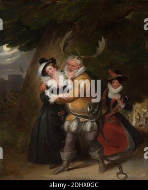 Falstaff at Herne's Oak, from 'The Merry Wives of Windsor,' Act V, Scene v, James Stephanoff, 1787–1874, British, 1832, Oil on Panel, Support (PTG): 17 1/2 x 14 5/8 pollici (44.5 x 37.1 cm), attori, antlers, castello, catena, costume, corteggiamento, bandiera, fantasma -- Fiction, paesaggio, tempo libero, tema letterario, uomo, mistresses, mistresses, luna, notte, quercia, obese, spettacolo, ritratto, punizione, le mogli allegre di Windsor, opera di William Shakespeare, teatro (disciplina), torce, mogli, donne Foto Stock