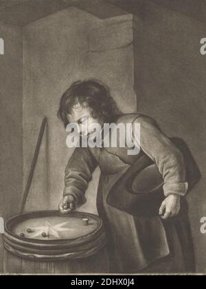 Boy Playing Marbles, Stampa realizzata da Jacob Gole, 1660–1737, olandese, dopo Jan Steen, 1626–1679, olandese, non satinato, mezzotint su carta media, leggermente testurizzata, crema, foglio: 12 x 8 3/4 pollici (30.5 x 22.3 cm) e piatto: 9 7/8 x 7 9/16 pollici (25.1 x 19.2 cm), barile, ragazzo, bambino, genere soggetto, gesto, interno, marmi, tricorne Foto Stock