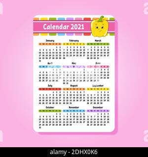 Calendario per il 2021 con un carattere carino. Design divertente e luminoso. Illustrazione vettoriale a colori isolata. Formato tascabile. Stile cartone animato. Illustrazione Vettoriale