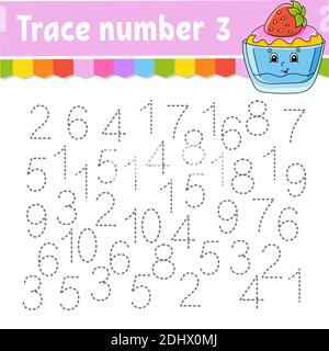 Numero traccia . Pratica di scrittura a mano. Numeri di apprendimento per bambini. Foglio di lavoro per lo sviluppo dell'istruzione. Pagina attività. Gioco per bambini e preschoolers. ISO Illustrazione Vettoriale