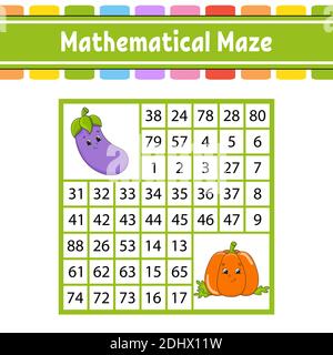 Labirinto di matematica. Gioco per bambini. Numero labirinto. Istruzione foglio di lavoro in via di sviluppo. Pagina attività. Puzzle per bambini. I personaggi dei cartoni animati. Riddle per Illustrazione Vettoriale
