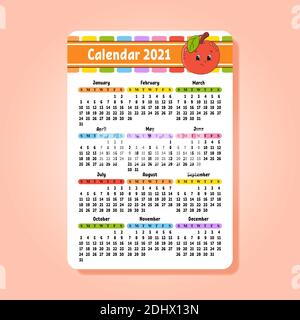 Calendario per il 2021 con un carattere carino. Design divertente e luminoso. Illustrazione vettoriale a colori isolata. Formato tascabile. Stile cartone animato. Illustrazione Vettoriale