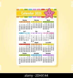 Calendario per il 2021 con un carattere carino. Design divertente e luminoso. Illustrazione vettoriale a colori isolata. Formato tascabile. Stile cartone animato. Illustrazione Vettoriale