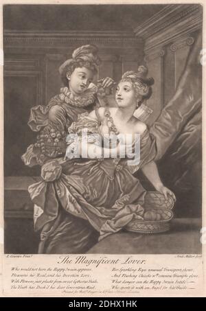 The Magnificent Lover, Stampa fatta da Andrew Miller, morto 1763, britannico, dopo Jacques Courtin, 1672–1752, francese, non satinato, Mezzotint su carta media, moderatamente testurizzata, crema, foglio: 15 5/8 × 10 1/4 pollici (39.7 × 26 cm), piatto: 13 × 8 15/16 pollici (33 × 22.7 cm), e immagine: 11 3/16 × 8 7/8 pollici (28.4 × 22.5 cm Foto Stock