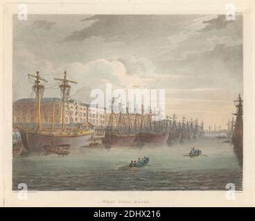 West India Docks, Stampa realizzata da John Bluck, Active 1791–1831, British, After Augustus Charles Pugin, 1762–1832, French, After Thomas Rowlandson, 1756–1827, British, Published by Rudolf Ackermann, 1764–1834, British, 1810, Aquatint e incisione a mano su carta d'oca leggermente testurizzata, foglio: 9 7/16 x 12 5/8 pollici (24 x 32 cm), piastra: 9 1/16 x 11 pollici (23 x 27.9 cm), e immagine: 7 13/16 x 10 3/16 pollici (19.9 x 25.8 cm), barche, edifici, nuvole, costume, banchine, flotta, cappelli, illustrazione, uomini, remi, porto, fiume, barche a vela, navi, commercio, acqua, finestre Foto Stock