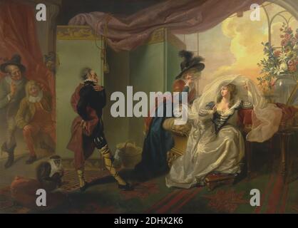 Olivia, Maria e Malvolio da 'Twelfth Night', atto III, scena iv, Johann Heinrich Ramberg, 1763–1840, tedesco, attivo in Gran Bretagna (1781–88), 1789, Oil on Canvas, supporto (PTG): 62 1/8 x 86 7/8 pollici (157.8 x 220.7 cm), attori, cesto, costume, tende, fiori (piante), umorismo, interni, luce, tema letterario, amore, lettere d'amore, uomini, romanticismo, tappeto, schermo, servo, teatro (disciplina), Twelfth Night; o, cosa si, giocare di William Shakespeare, vaso, finestra, donna Foto Stock