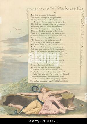 Young's Night Thoughts, pagina 12, 'i suoi favori qui sono prove, non premi', Stampa fatta da William Blake, 1757–1827, British, ca. 1797, incisione e incisione con acquerello su carta di wove crema di spessore moderato, leggermente testurizzata, colonna: 16 3/4 pollici (42.5 cm), foglio: 16 1/2 x 12 3/4 pollici (41.9 x 32.4 cm), e piastra: 15 3/4 x 12 3/4 pollici (40 x 32.4 cm), uccelli, bambini, erba, colline, tema letterario, uomini, rocce (forme di terra), serpenti, cielo, serpenti, testo, viti, donne Foto Stock