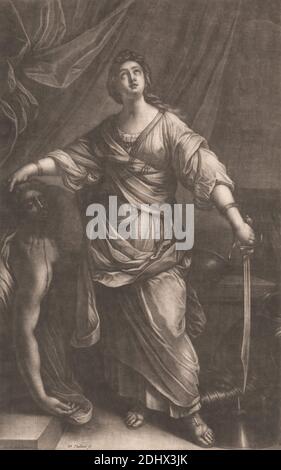 Judith con testa di Holofernes, Stampa fatta da Wallerant Vaillant, 1623–1677, olandese, dopo Guido reni, italiano, 1575–1642, italiano, non satinato, Mezzotint su carta di spessore moderato, moderatamente testurizzata, crema, carta deformata, foglio: 16 11/16 × 10 5/16 pollici (42.4 × 26.2 cm), piatto: 15 3/4 × 9 15/16 pollici (40 × 25.2 cm), e immagine: 15 11/16 × 9 15/16 pollici (39.8 × 25.2 cm), armatura, sangue, braccialetti, cristianesimo, cortina, esecuzione, generale, testa, giudaismo, ascolto, Antico Testamento, soggetto religioso e mitologico, sash, spada, vedova Foto Stock