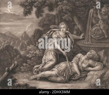 Pyramus e Thisbe, Stampa fatta da Adriaan van der Werff, 1659–1722, Olandese, non satinato, Mezzotint su carta media, leggermente testurizzata, bianca sfumata, foglio: 5 5/16 × 6 7/16 pollici (13.5 × 16.4 cm Foto Stock