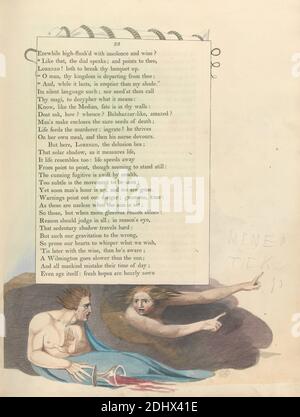 Young's Night Thoughts, pagina 33, 'come questo, il quadrante parla e ti indica', Stampa fatta da William Blake, 1757–1827, British, ca. 1797, incisione e incisione con acquerello su carta di wove crema di spessore moderato, leggermente testurizzata, colonna: 16 3/4 pollici (42.5 cm), foglio: 16 1/2 x 12 7/8 pollici (41.9 x 32.7 cm), e piastra: 15 3/4 x 12 1/2 pollici (40 x 31.8 cm), letti, tazze, morti, morte, cibo, calici, tema letterario, uomini, puntando, reclinando, serpenti, serpenti, testo, vino Foto Stock