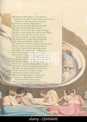 Young's Night Thoughts, pagina 57, 'tremando ogni gulpo, per cui la morte non dovrebbe anniosire la ciotola', Stampa fatta da William Blake, 1757–1827, British, ca. 1797, incisione e incisione con acquerello su carta di wove crema di spessore moderato, leggermente testurizzata, colonna: 16 3/4 pollici (42.5 cm), foglio: 16 1/2 x 12 5/8 pollici (41.9 x 32.1 cm), e piastra: 16 x 12 1/2 pollici (40.6 x 31.8 cm), ciotola, bere, cibo, tema letterario, uomini, lutto, tavolo, testo, donne Foto Stock