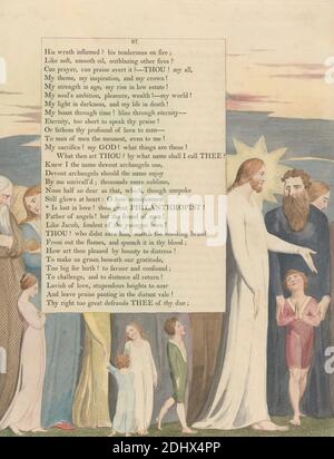 Young's Night Thoughts, pagina 87, 'si perde nell'amore! Tu grande filantropo', Stampa di William Blake, 1757–1827, inglese, ca. 1797, incisione e incisione con acquerello su carta di wove crema di spessore moderato, leggermente testurizzata, colonna: 16 3/4 pollici (42.5 cm), foglio: 16 1/2 x 12 7/8 pollici (41.9 x 32.7 cm), e piastra: 15 3/4 x 32.1 cm (12 5/8 x 40 pollici), barba, bambini, tema letterario, uomini, testo, donne Foto Stock