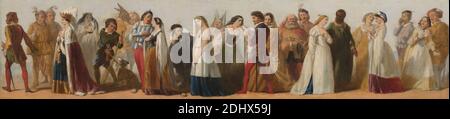 Processione di personaggi delle opere di Shakespeare, artista sconosciuto, XIX secolo, precedentemente attribuito a Daniel Maclise, 1806â–1870, irlandese, ca. 1840, Oil on board, Support (PTG): 12 1/4 x 54 1/4 pollici (31.1 x 137.8 cm), UN sogno di Midsummer Night's, recita di William Shakespeare, attori, tutto bene che finisce bene, recita di William Shakespeare, come piace a te, recita di William Shakespeare, costume, cane (animale), fregio (banda ornamentale), Hamlet, Esecuzione di William Shakespeare, Henry VI, parte i di William Shakespeare, Henry VI, parte II di William Shakespeare, tema letterario, amore, amanti, Macbeth Foto Stock