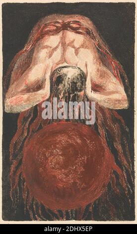 The First Book of Urizen, Plate 16 (Bentley 17), Print Made by William Blake, 1757–1827, British, 1794, Colour-printed relief Etching in arancio-marrone con acquerello su carta di media spessore, leggermente testurizzata, crema di wove, foglio: 11 7/8 x 9 5/8 pollici (30.2 x 24.4 cm) e piastra: 5 7/8 x 3 5/8 pollici (14.9 x 9.2 cm), sangue, globo, tema letterario, sinews Foto Stock