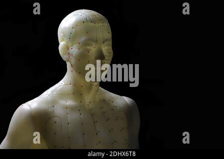 modello di agopuntura maschile su sfondo nero Foto Stock