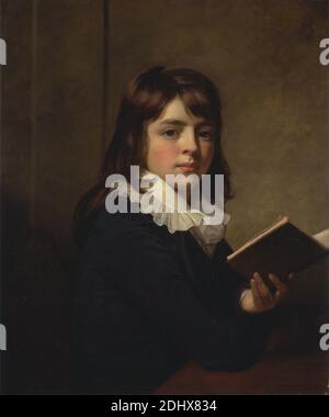 Ritratto di un ragazzo, Sir William Beechey, 1753–1839, inglese, ca. 1790, olio su tela, supporto (PTG): 30 1/16 x 25 3/16 pollici (76.4 x 64 cm), libro, ragazzo, marrone, bambino, costume, ritratto, lettura, tavolo Foto Stock