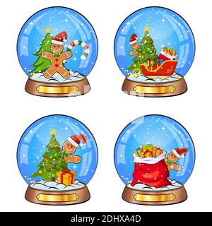 Set di illustrazioni per il mondo della neve per natale. Palla di cristallo con fiocchi di neve che cadono all'interno. Sfera di vetro magico stagionale con pan di zenzero uomo e xmas orn Illustrazione Vettoriale