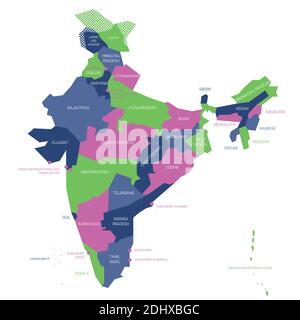 Mappa politica colorata dell'India. Divisioni amministrative - stati e territori sindacali. Semplice mappa vettoriale piatta con etichette. Illustrazione Vettoriale